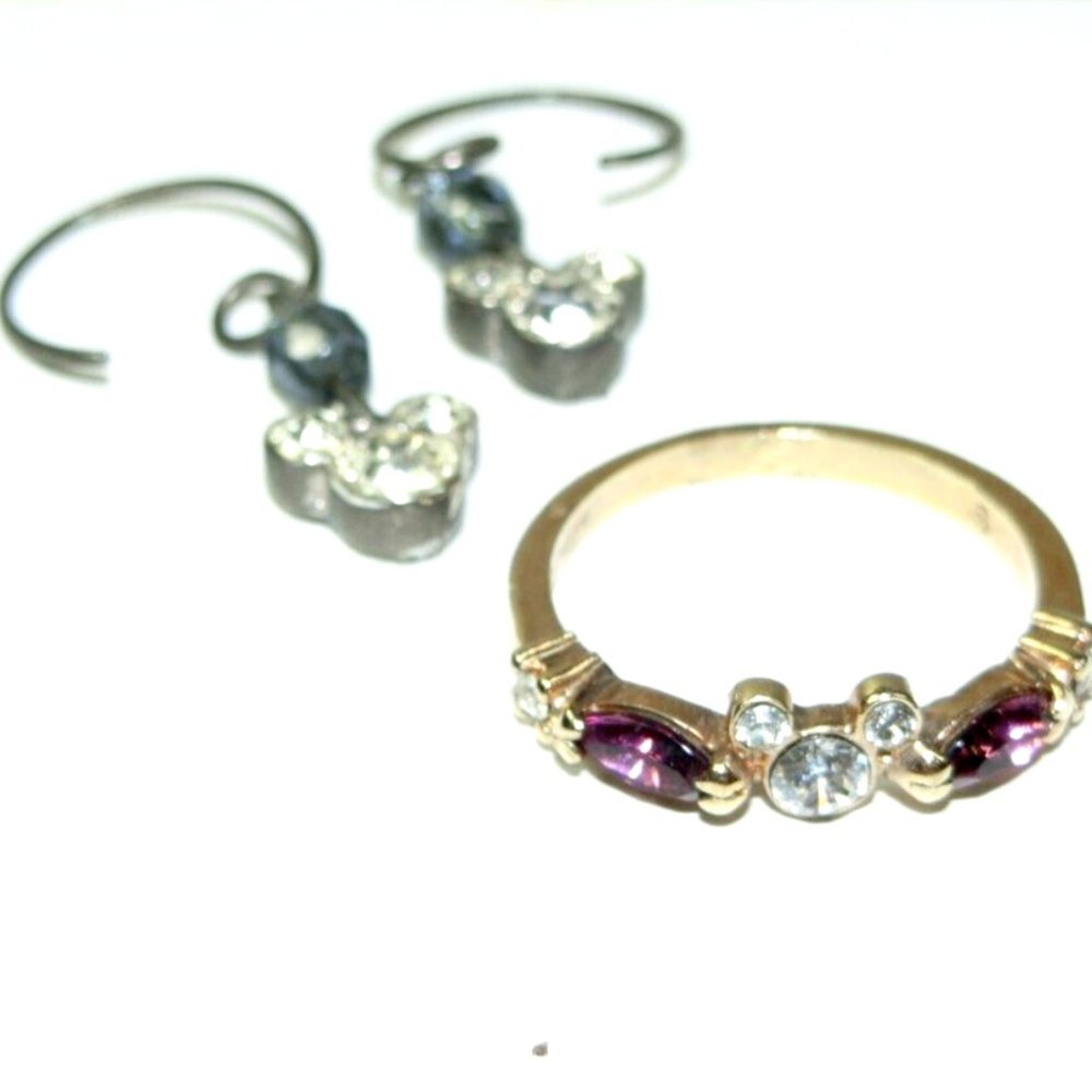 Disney Parks Vintage Mickey Mouse Swarovski Purple Gold Tone Ring Earring Size 6